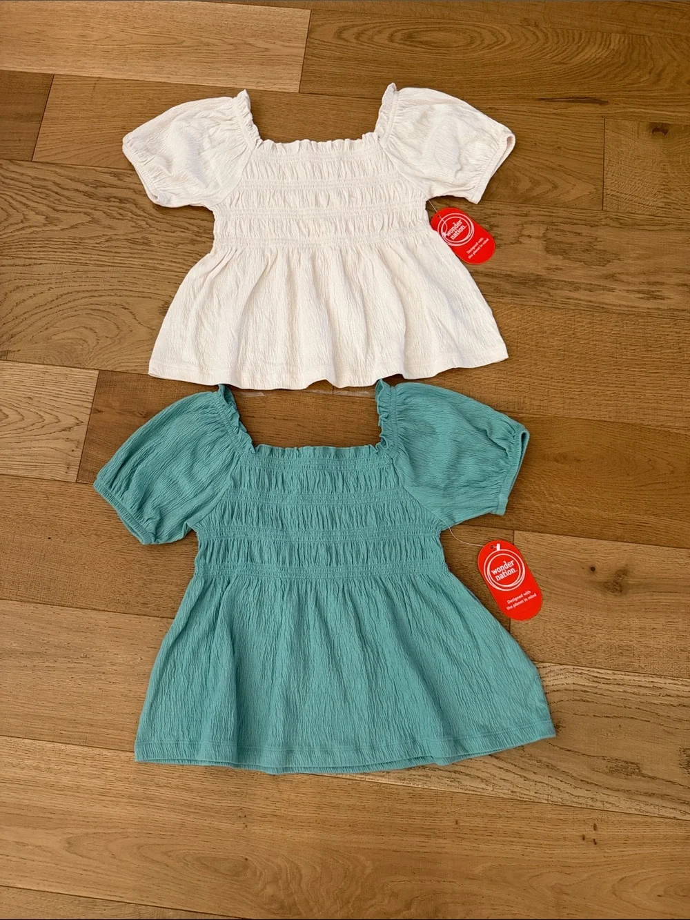 Wonder Nation Smocked Peplum Tops - White & Teal Blue